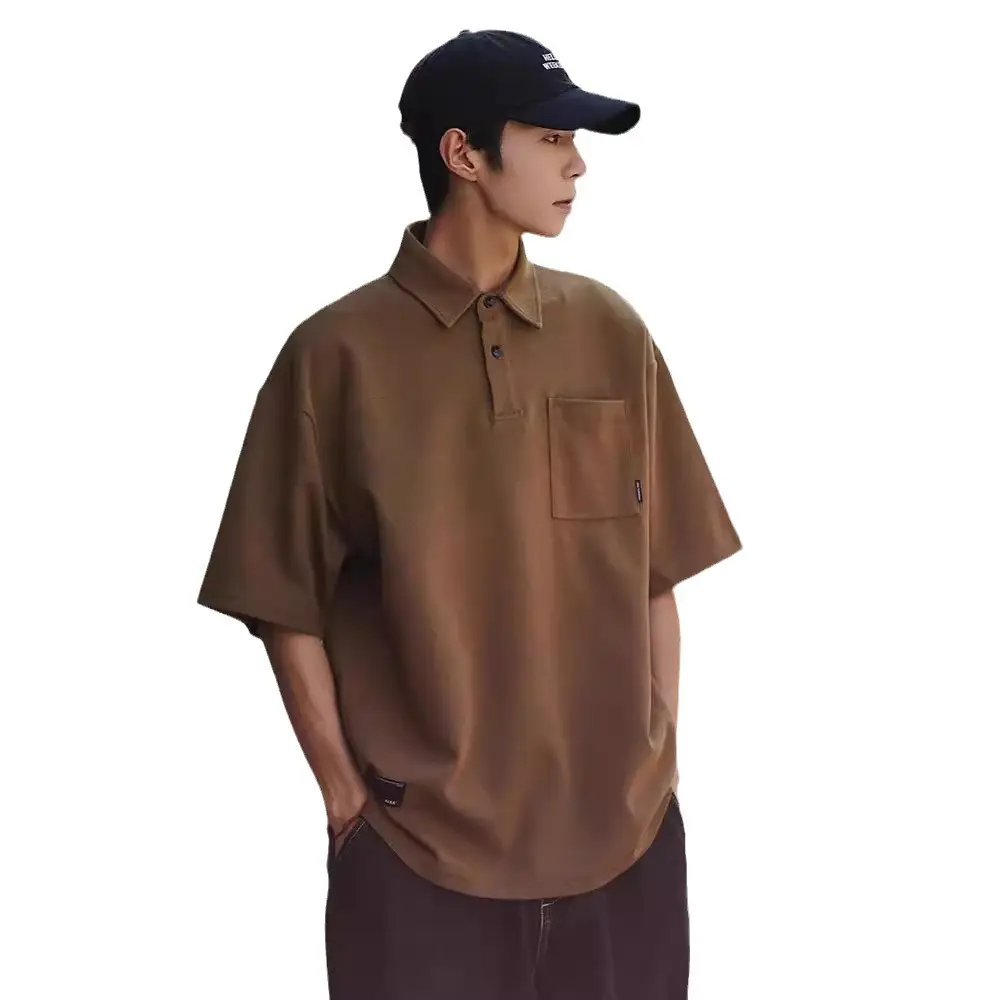 Men Japanese Style Short Sleeve Polo Shirt Brown Solid Color - Image 7