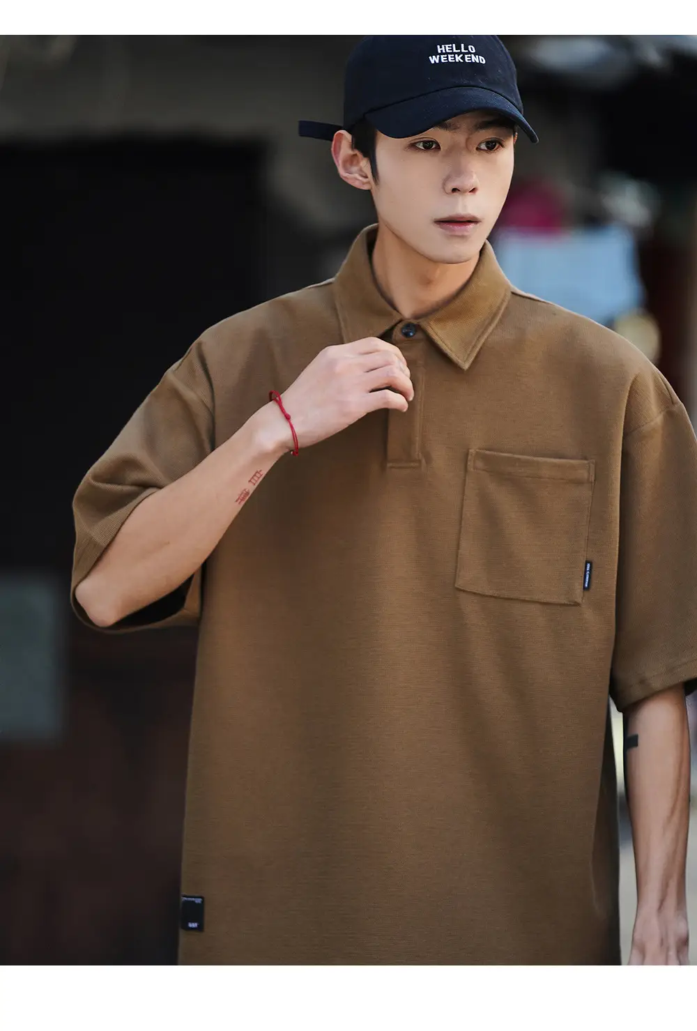 Men Japanese Style Short Sleeve Polo Shirt Brown Solid Color — feature 1