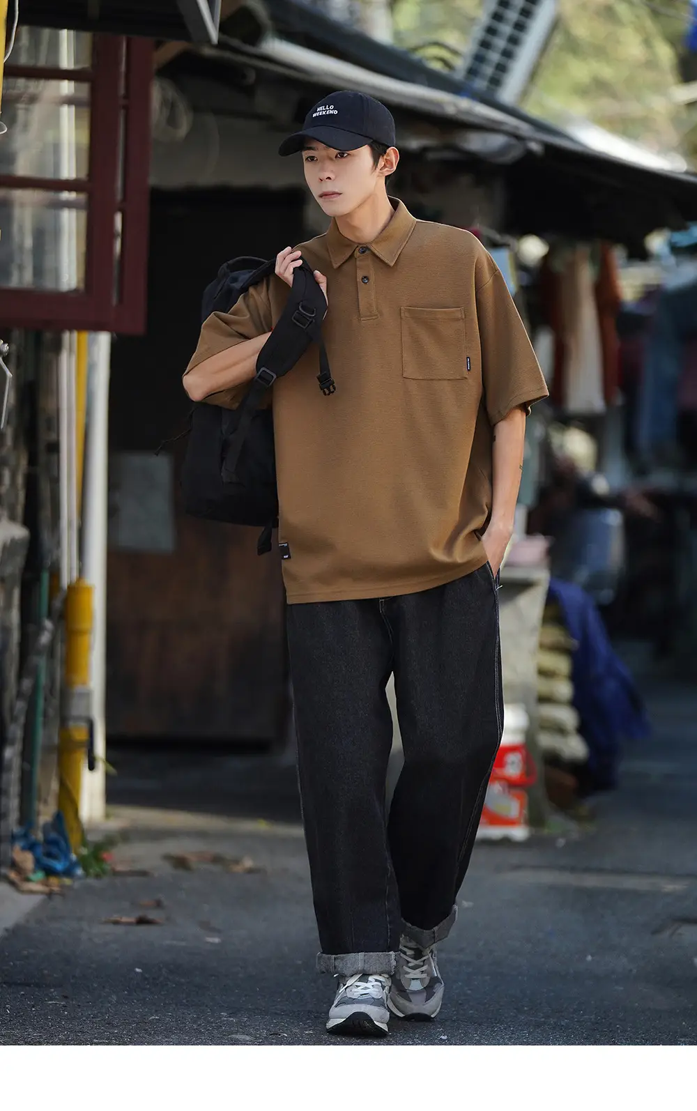 Men Japanese Style Short Sleeve Polo Shirt Brown Solid Color — feature 10