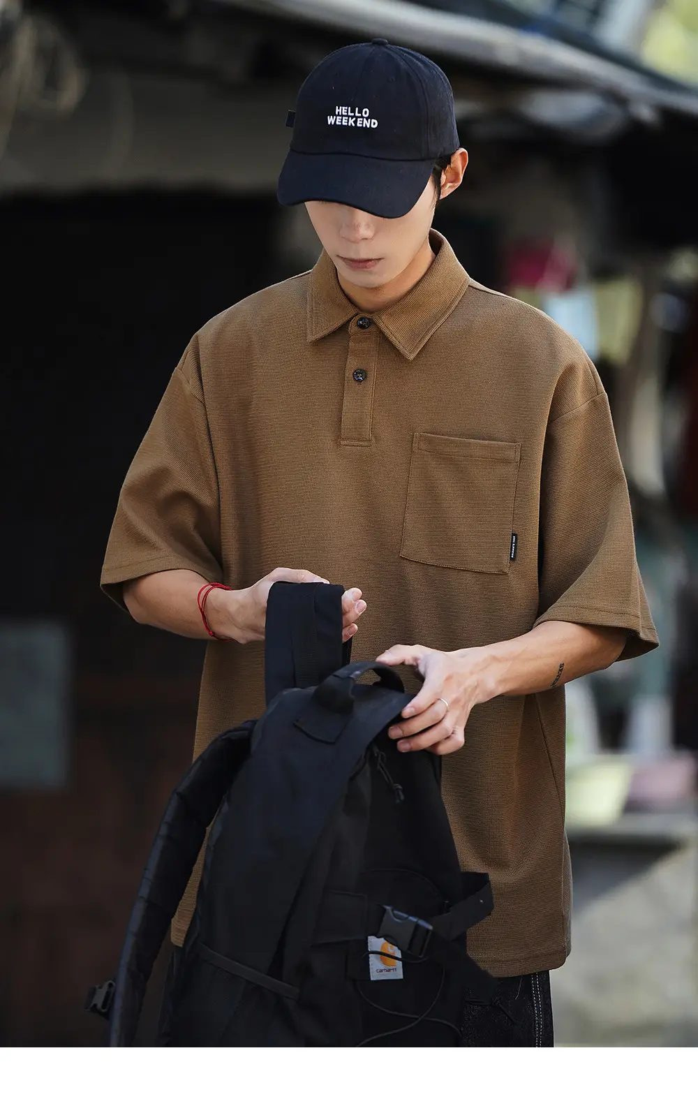 Men Japanese Style Short Sleeve Polo Shirt Brown Solid Color — feature 11