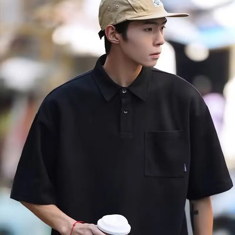Men Japanese Style Short Sleeve Polo Shirt Brown Solid Color — feature 13