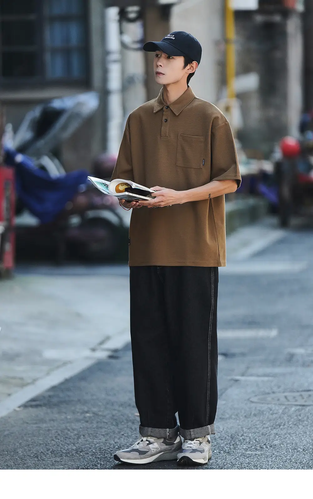 Men Japanese Style Short Sleeve Polo Shirt Brown Solid Color — feature 6