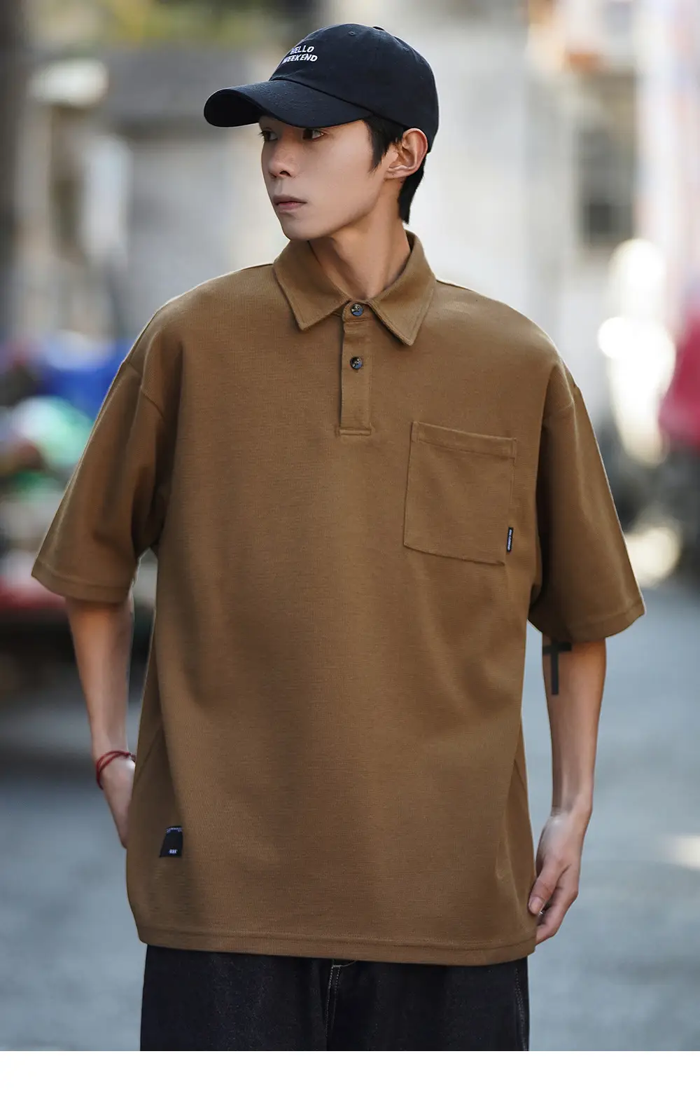 Men Japanese Style Short Sleeve Polo Shirt Brown Solid Color — feature 7