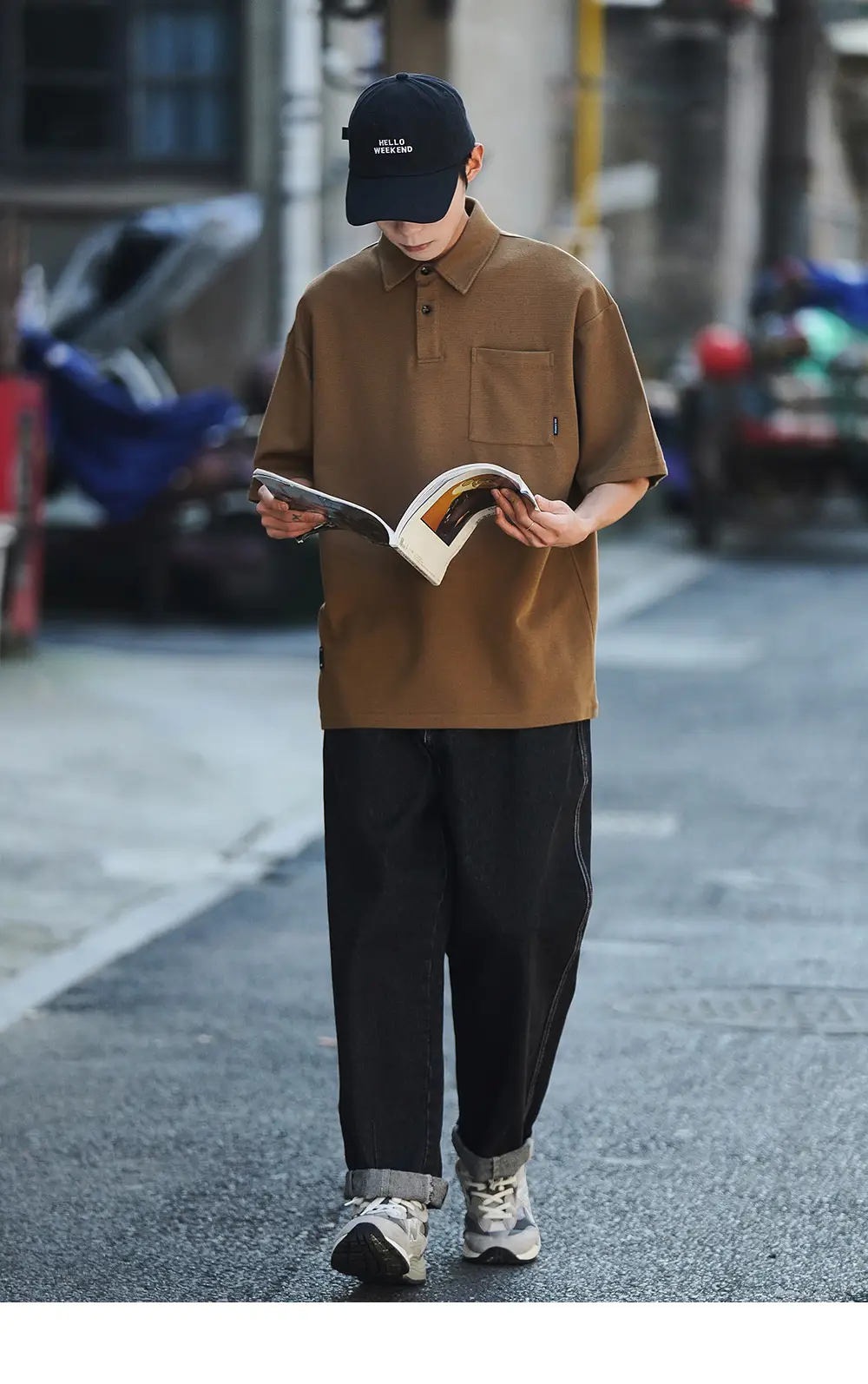 Men Japanese Style Short Sleeve Polo Shirt Brown Solid Color — feature 8