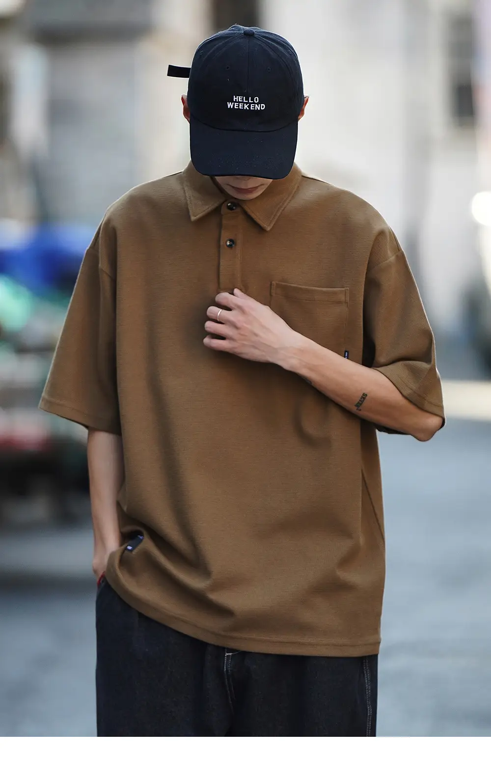 Men Japanese Style Short Sleeve Polo Shirt Brown Solid Color — feature 9