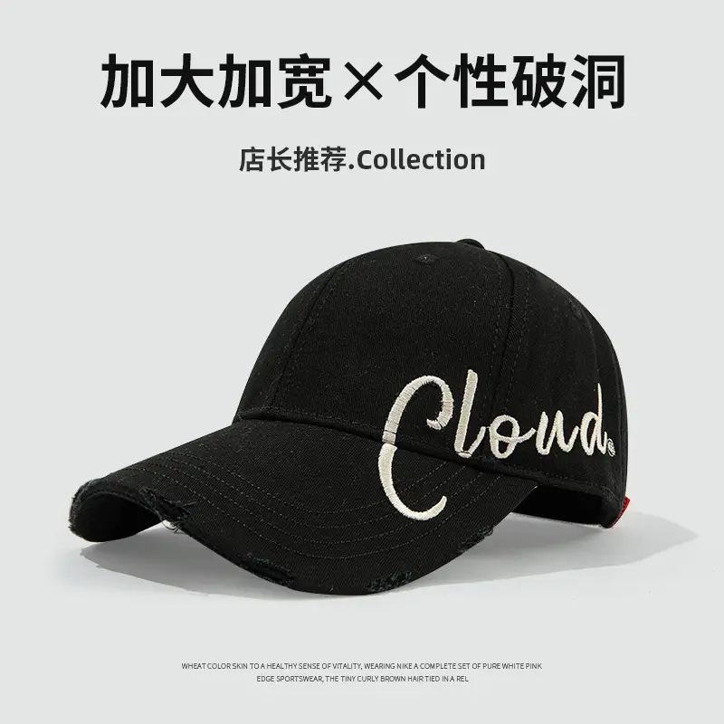 Black Embroidered Ripped Cap with Large Head Circumference - Image 6