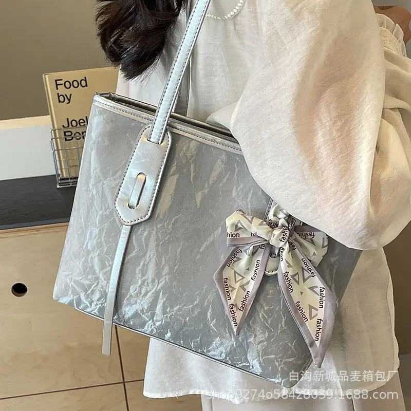 Women Detachable Silk Scarf Bag White Large Capacity - Image 9