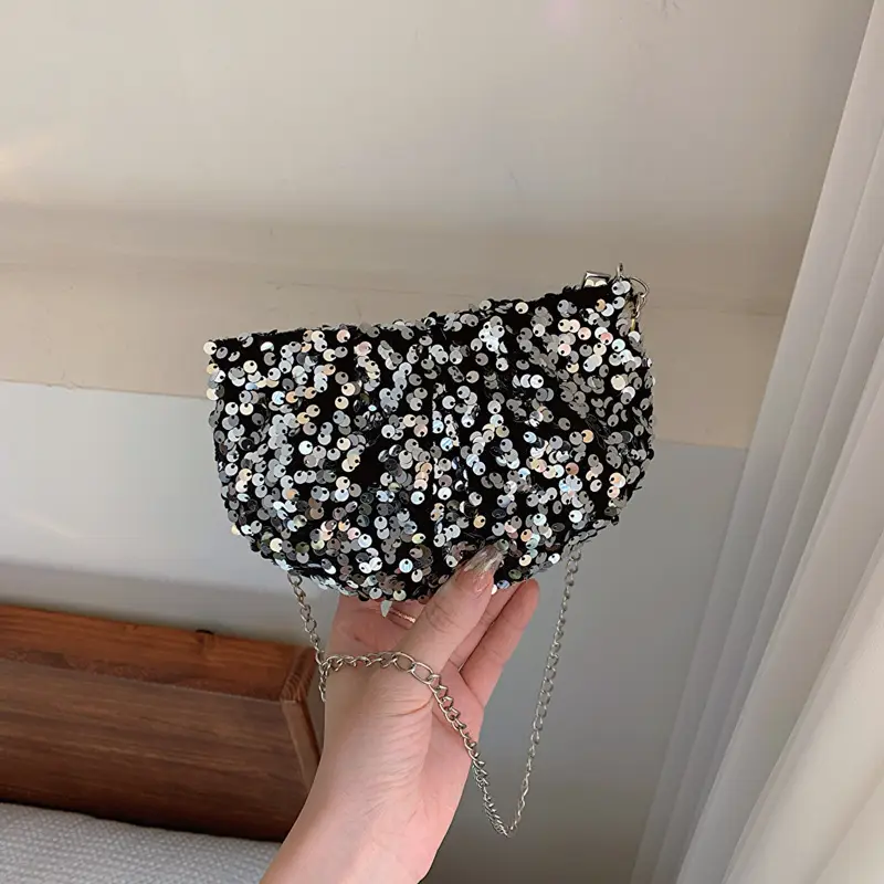 Black Sequined Chain Shoulder Bag for Women - Image 3