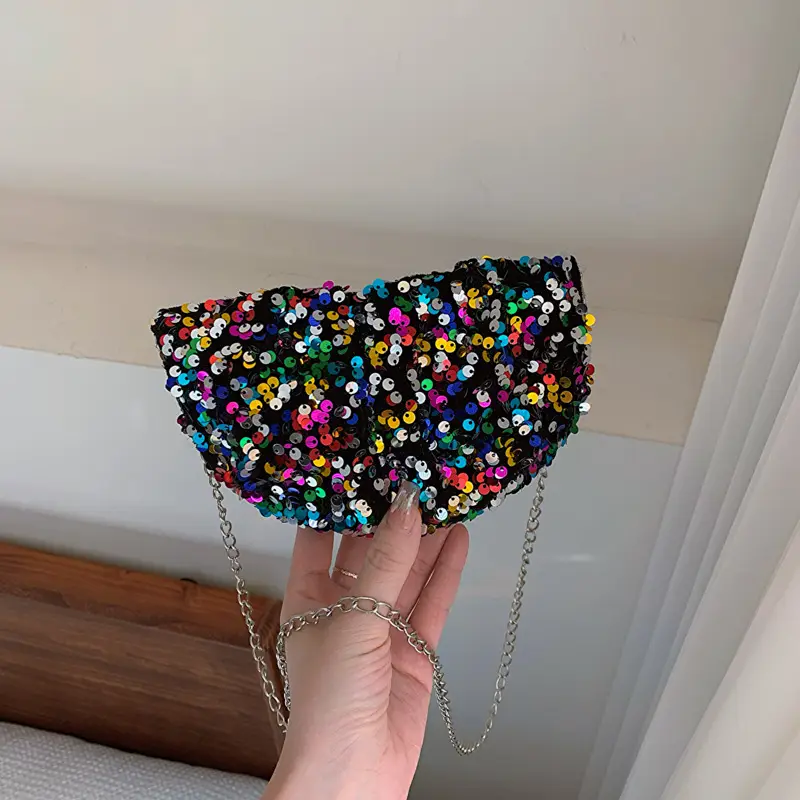 Black Sequined Chain Shoulder Bag for Women - Image 4