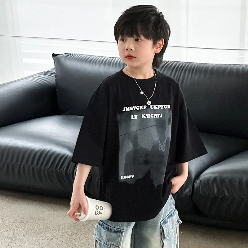 Boys T-Shirt Black Graphic 2025 Cotton Summer - Image 2