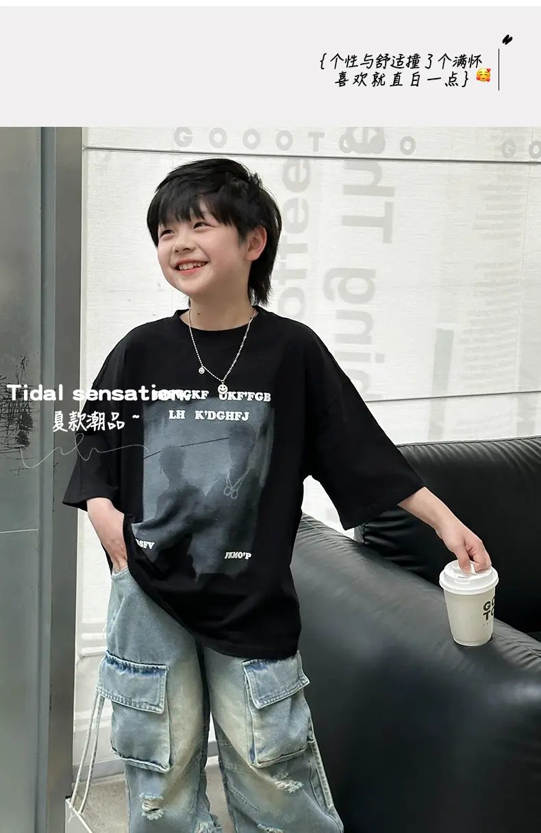 Boys T-Shirt Black Graphic 2025 Cotton Summer — feature 1