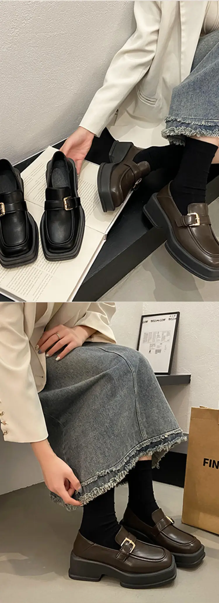 British Style Thick-Soled Loafers Wholesale Spring New Retro Square Toe Thick-Heeled Small Leather Shoes for Women — feature 10