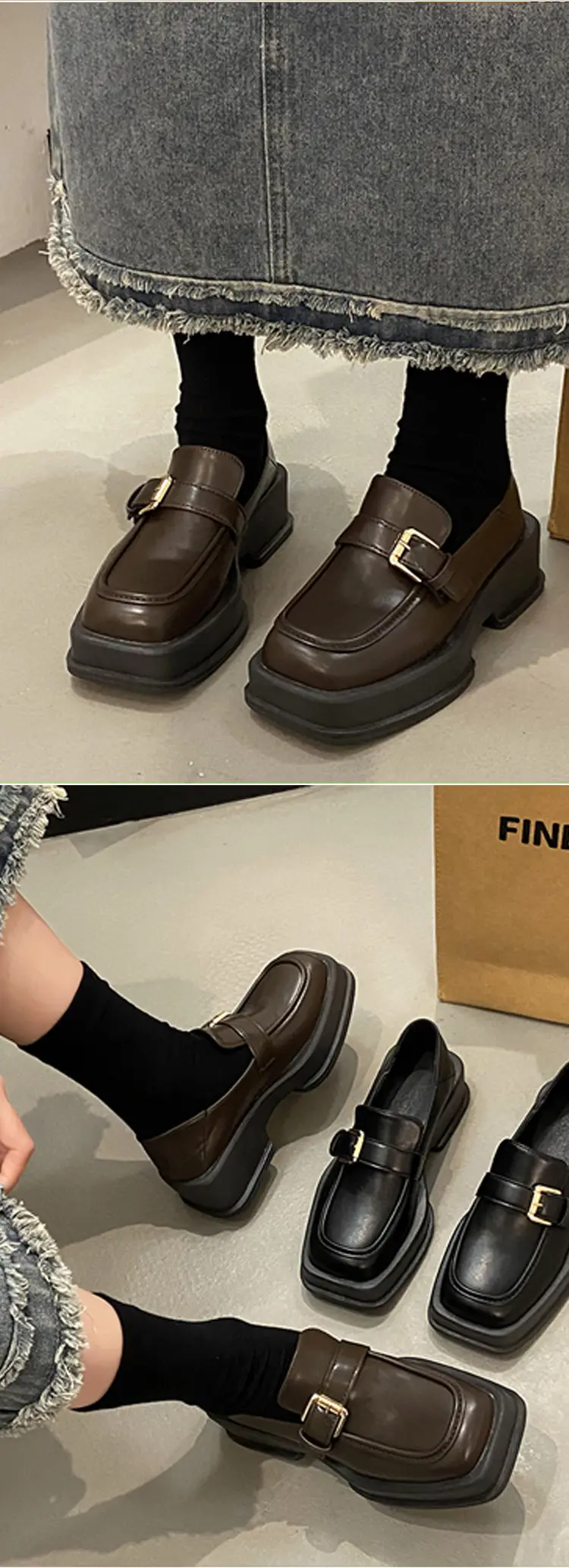 British Style Thick-Soled Loafers Wholesale Spring New Retro Square Toe Thick-Heeled Small Leather Shoes for Women — feature 11