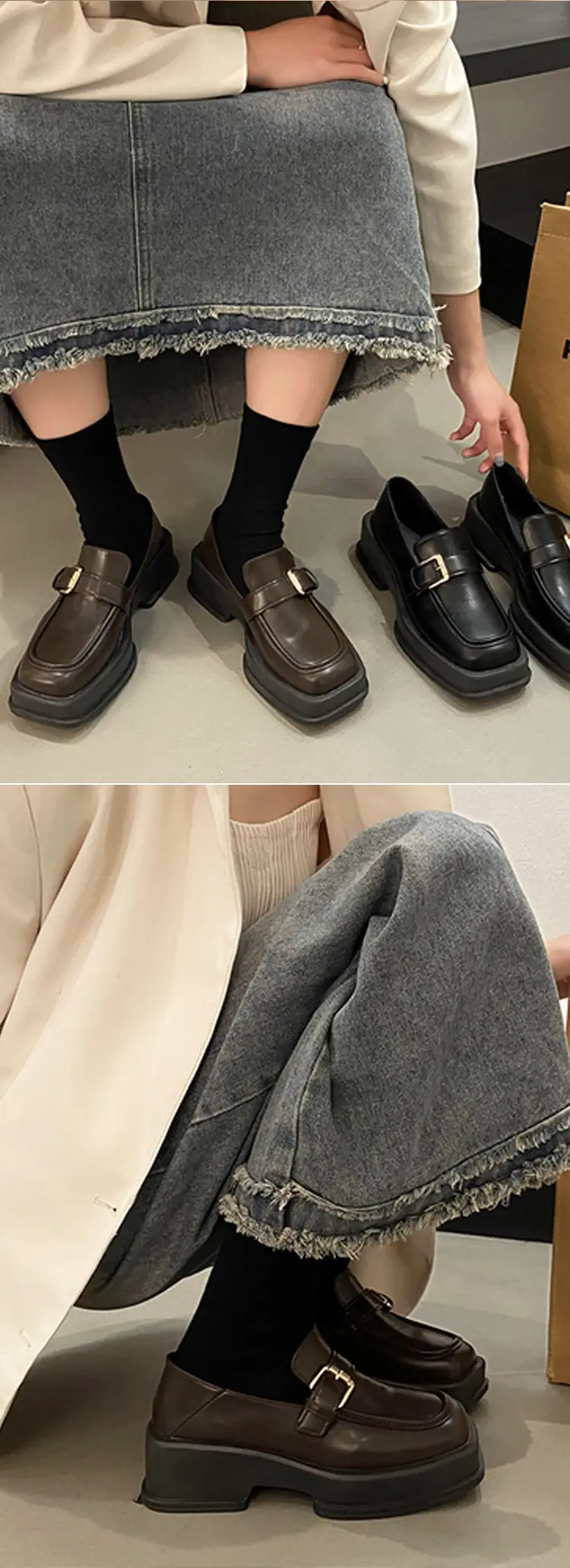 British Style Thick-Soled Loafers Wholesale Spring New Retro Square Toe Thick-Heeled Small Leather Shoes for Women — feature 12