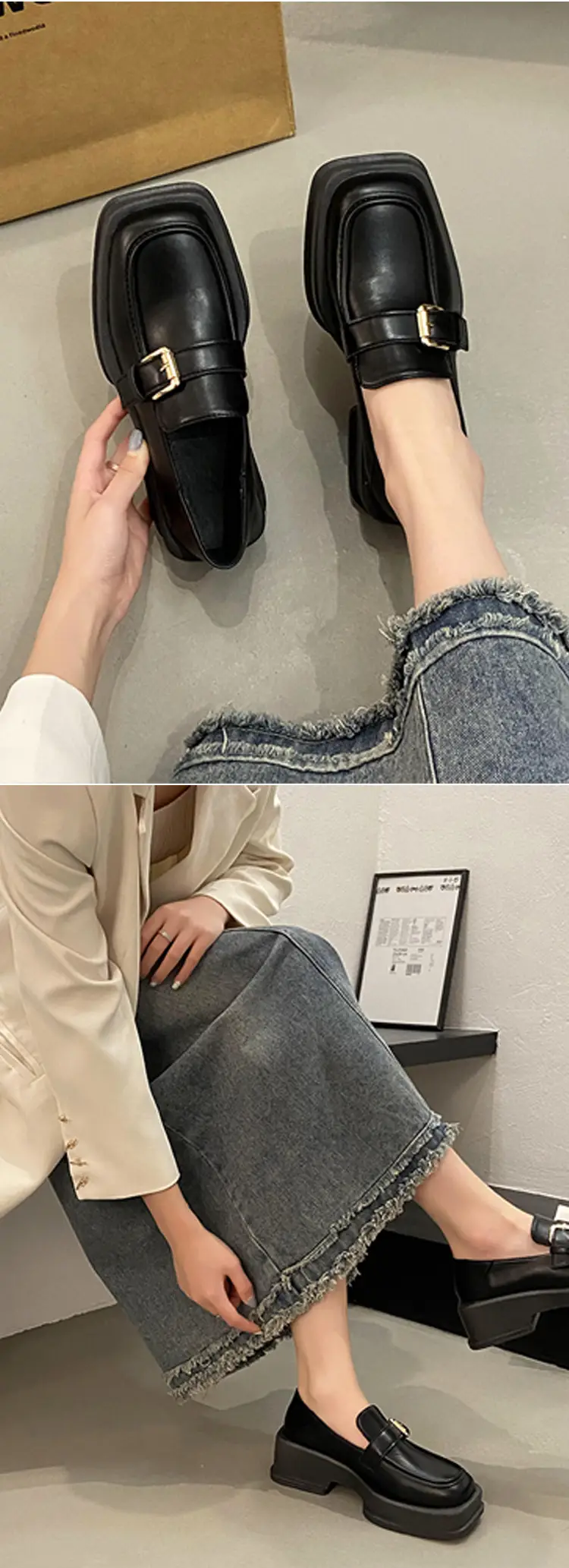 British Style Thick-Soled Loafers Wholesale Spring New Retro Square Toe Thick-Heeled Small Leather Shoes for Women — feature 13