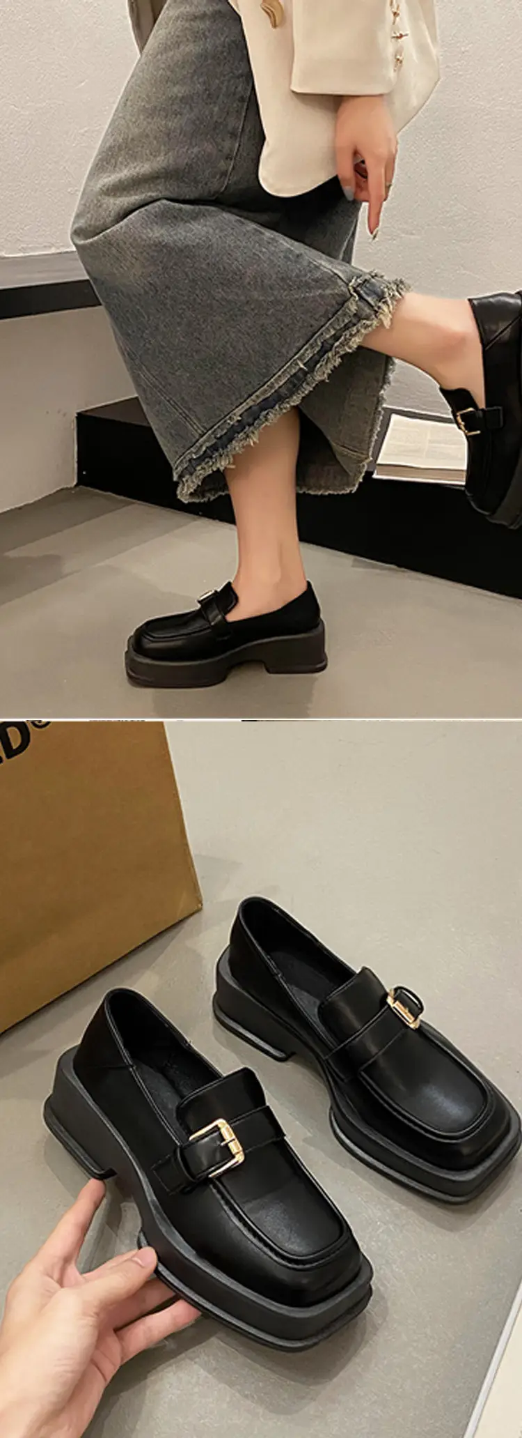 British Style Thick-Soled Loafers Wholesale Spring New Retro Square Toe Thick-Heeled Small Leather Shoes for Women — feature 4