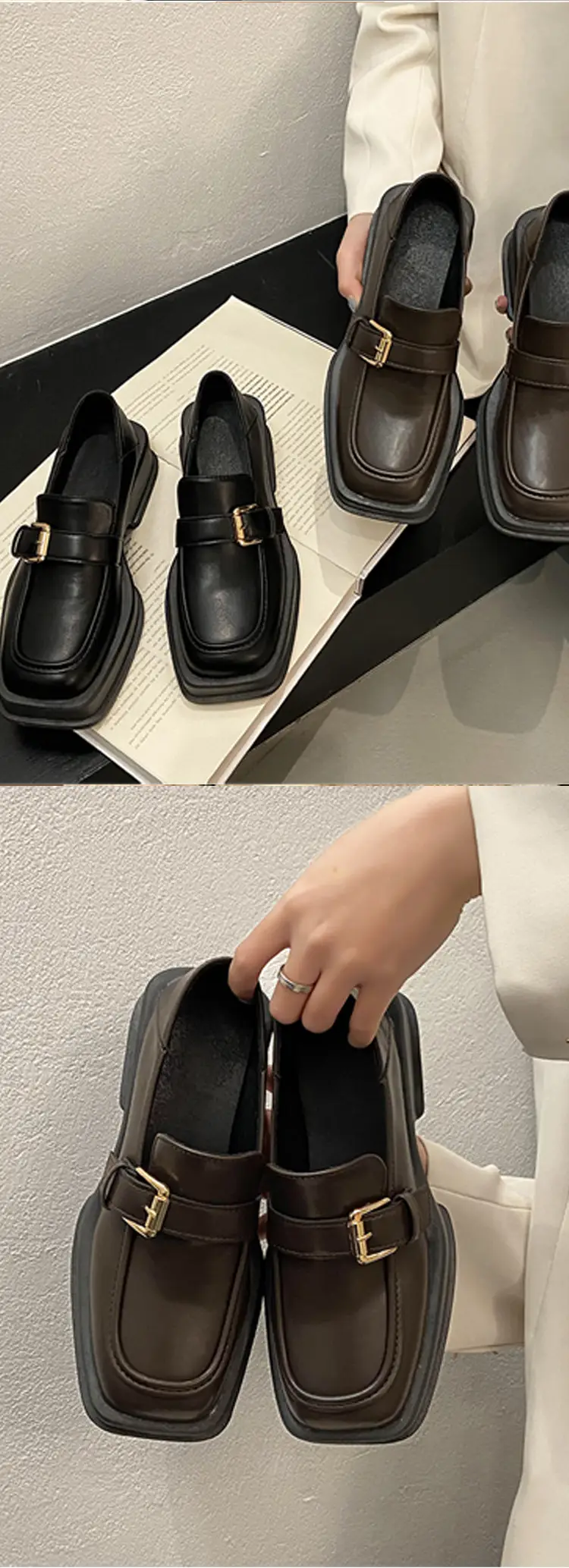 British Style Thick-Soled Loafers Wholesale Spring New Retro Square Toe Thick-Heeled Small Leather Shoes for Women — feature 8