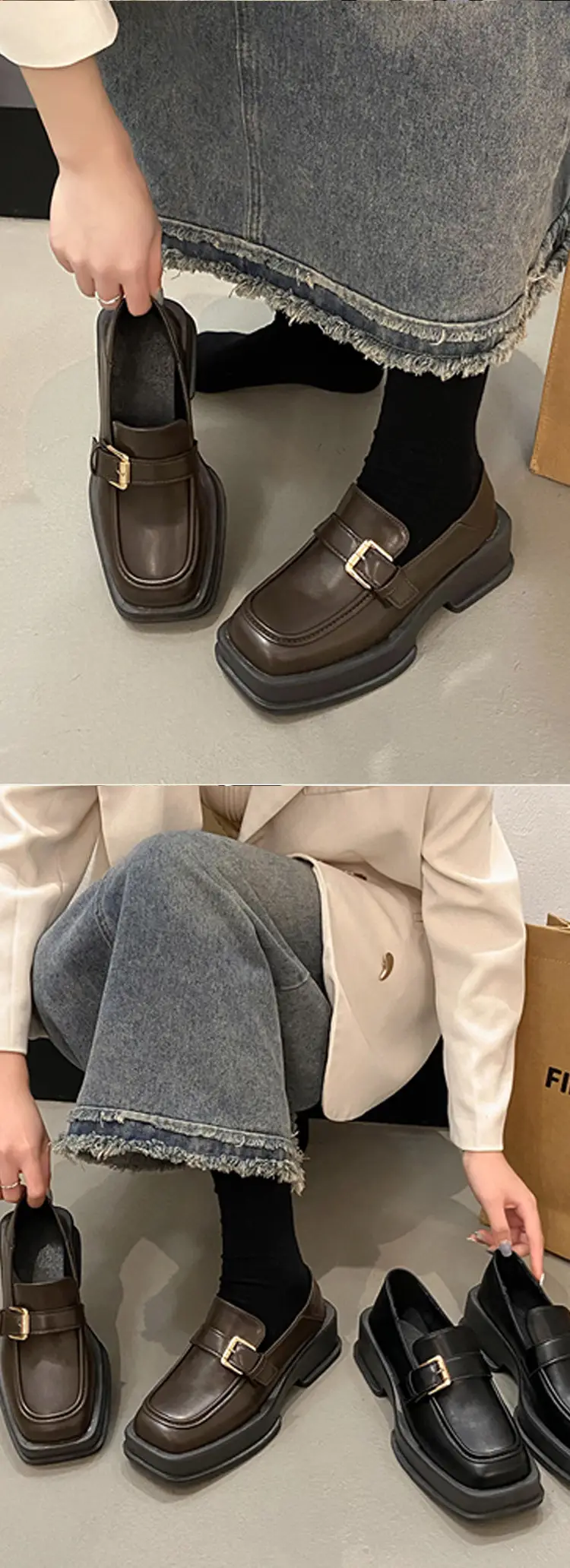 British Style Thick-Soled Loafers Wholesale Spring New Retro Square Toe Thick-Heeled Small Leather Shoes for Women — feature 9