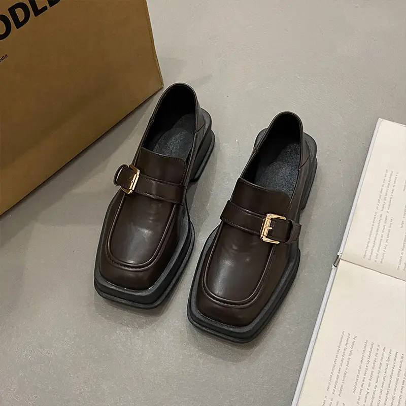 British Style Thick-Soled Loafers Wholesale Spring New Retro Square Toe Thick-Heeled Small Leather Shoes for Women - Image 2