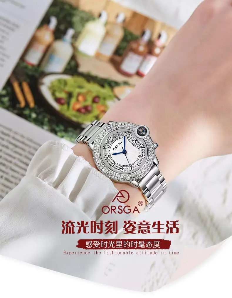 Ozga Luxury Women's Diamond Encrusted Quartz Watch Brown Leather Strap — feature 3