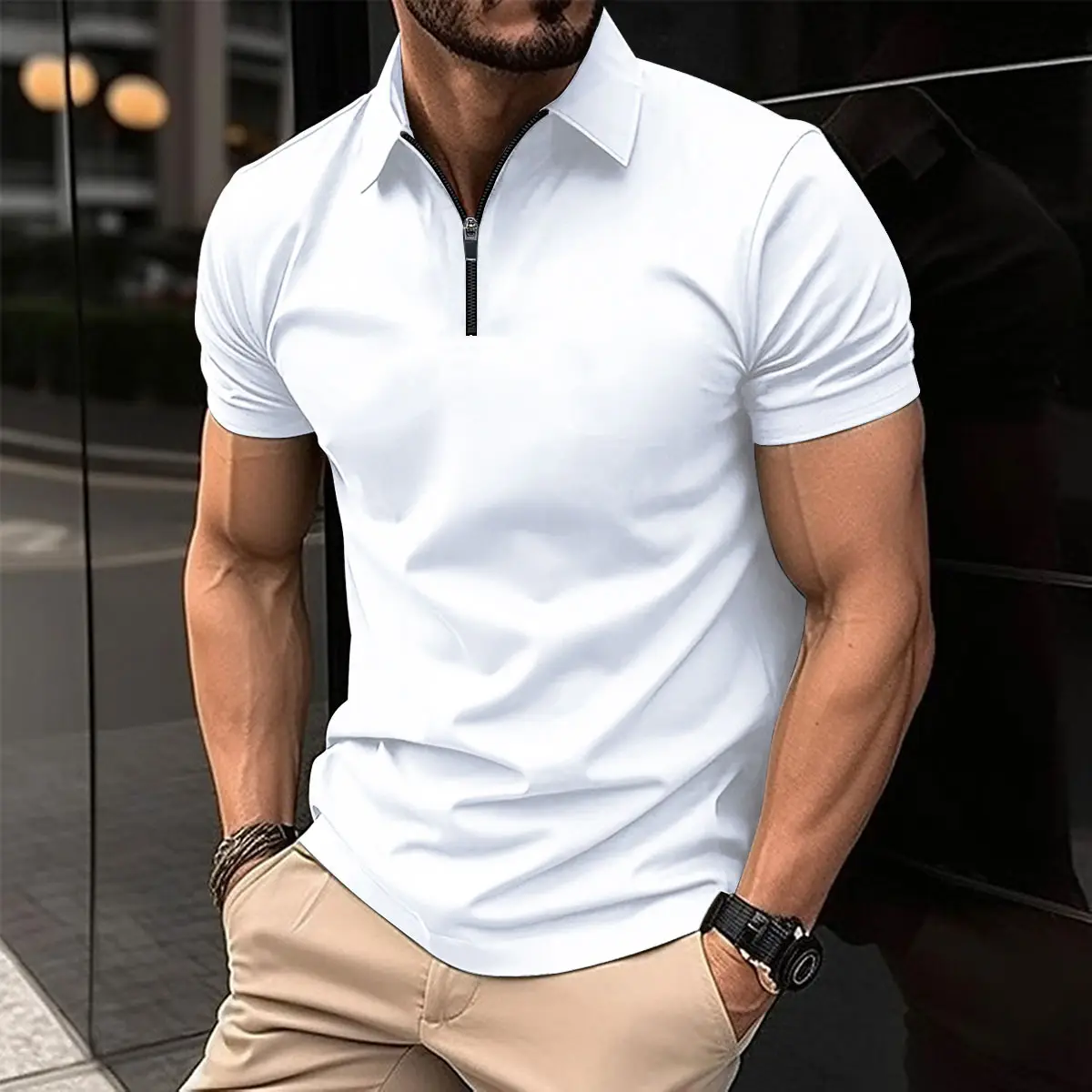 Men's White Polo Shirt with Zipper Closure - Image 12