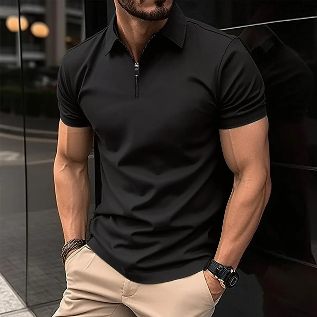 Men's White Polo Shirt with Zipper Closure - Image 2
