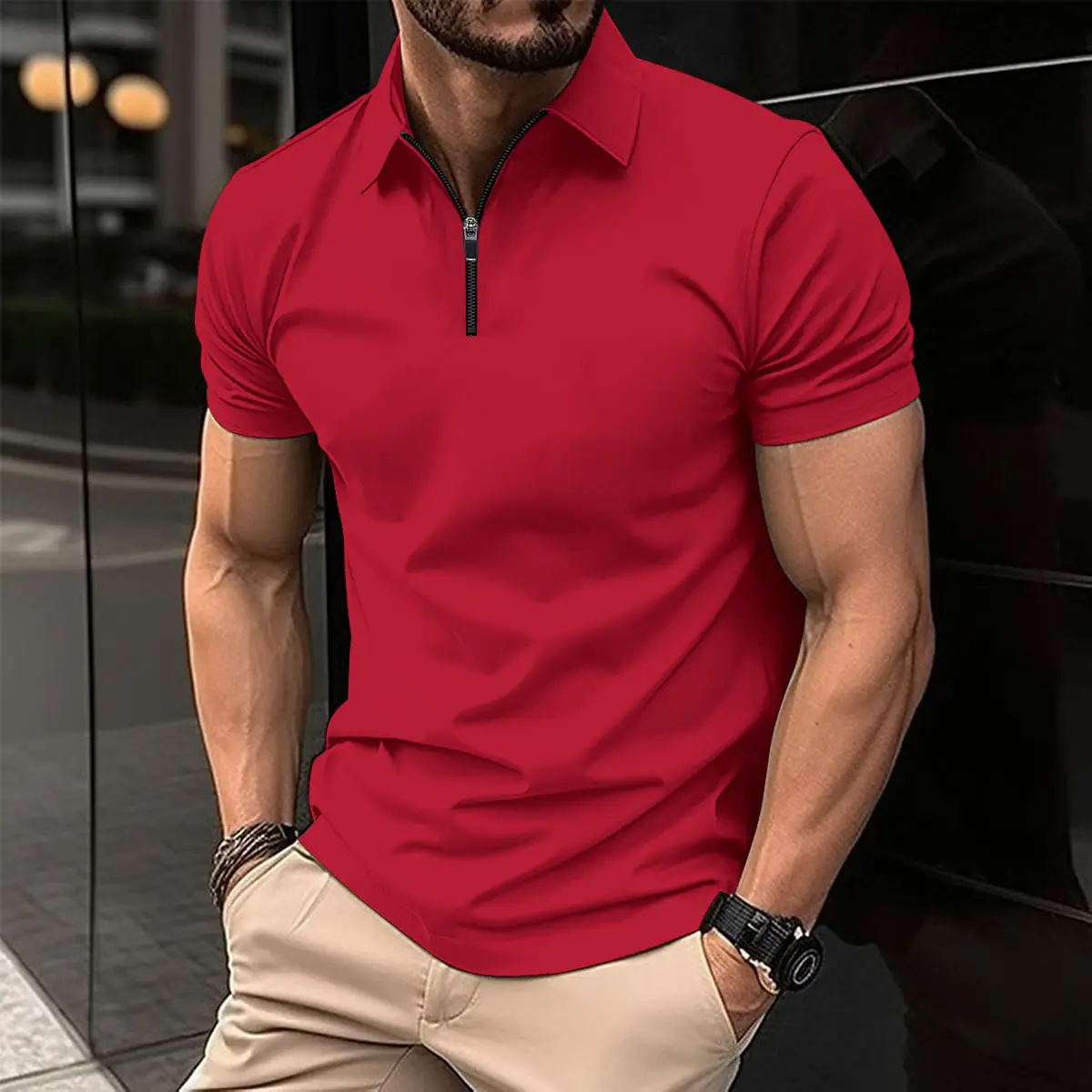 Men's White Polo Shirt with Zipper Closure - Image 3