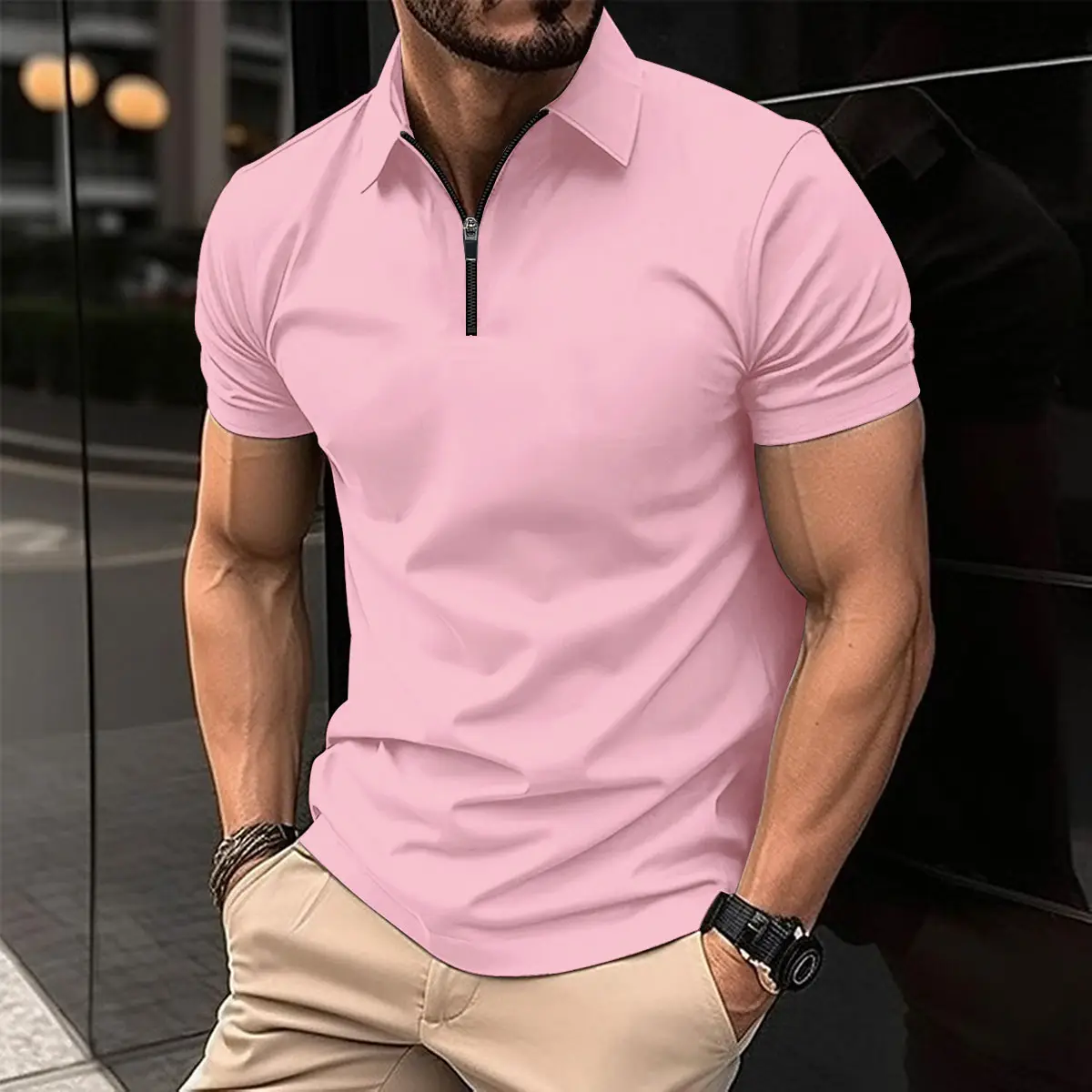Men's White Polo Shirt with Zipper Closure - Image 4