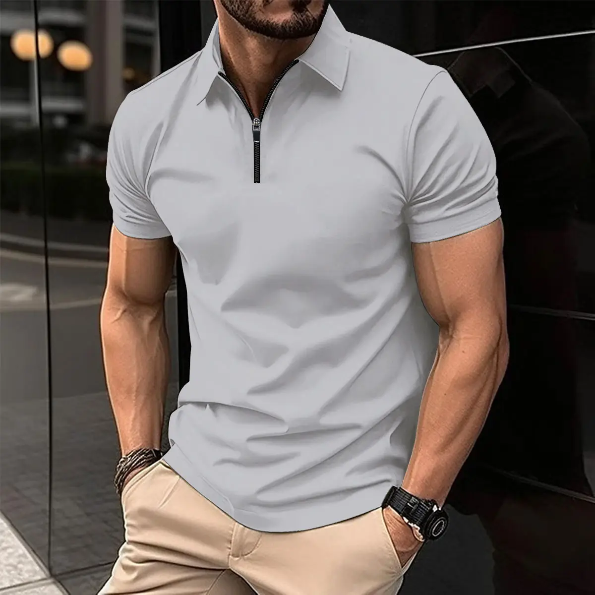 Men's White Polo Shirt with Zipper Closure - Image 5