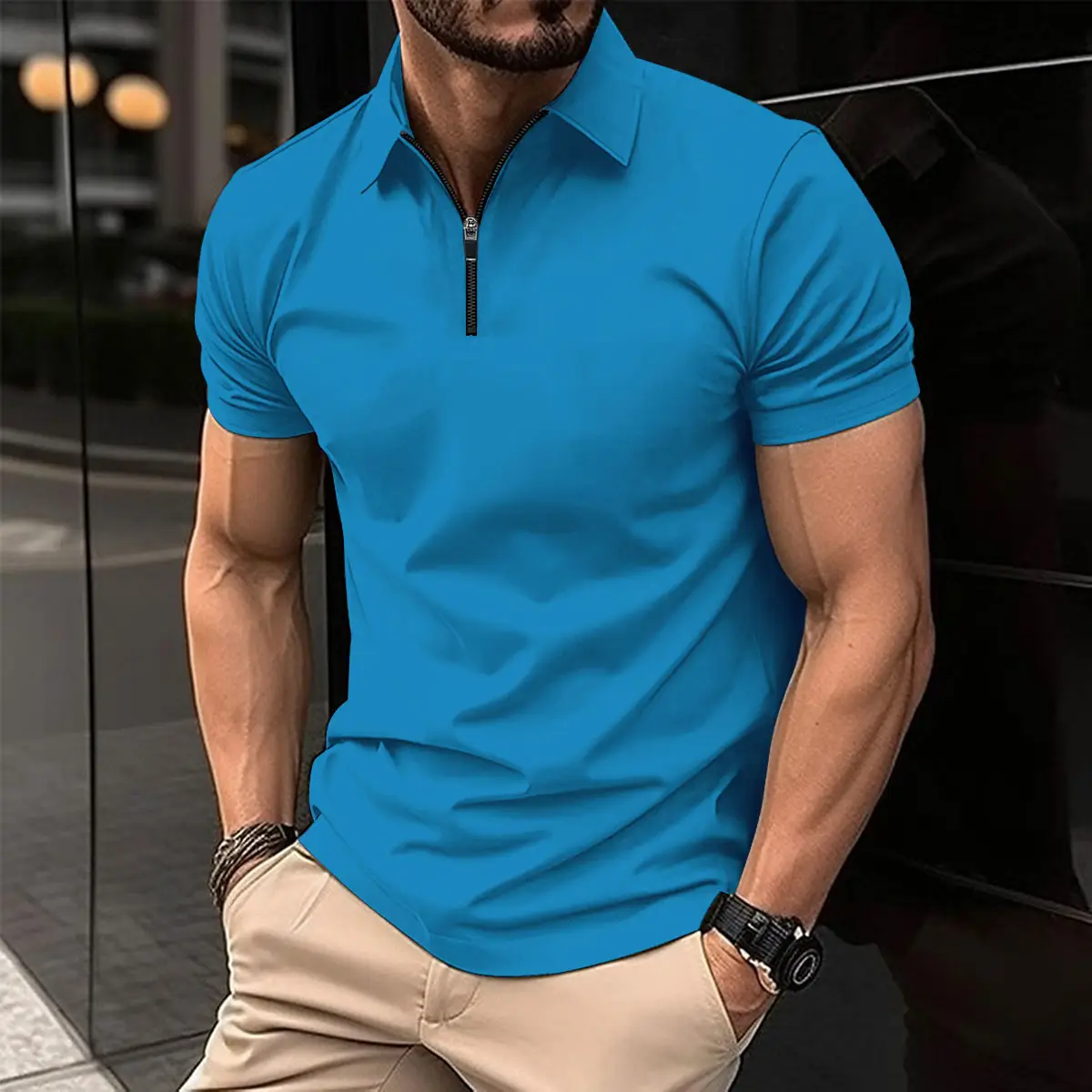 Men's White Polo Shirt with Zipper Closure - Image 6
