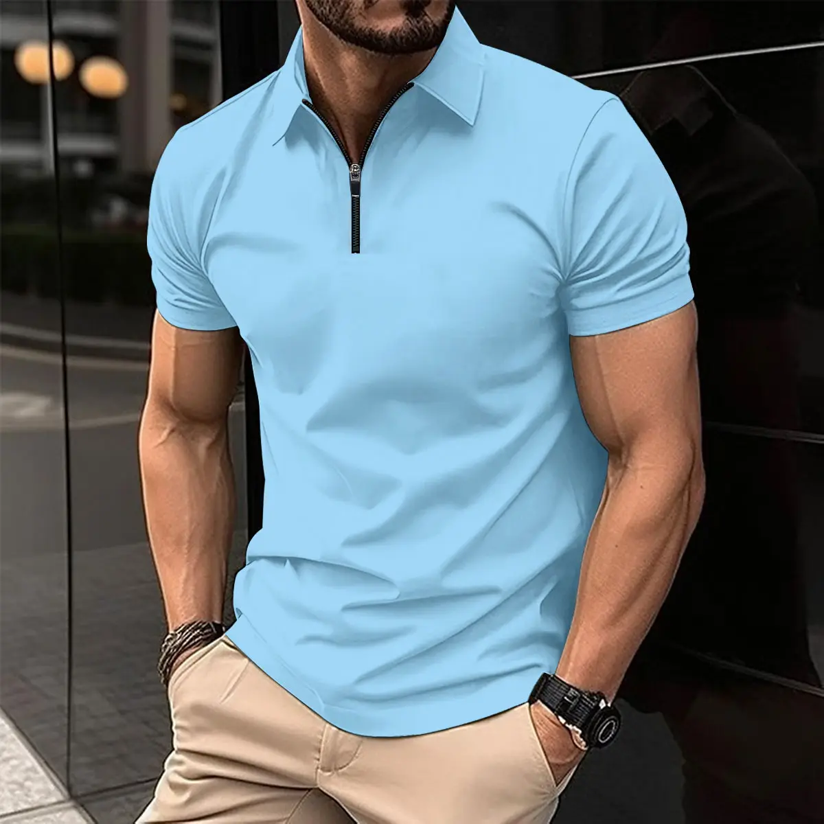 Men's White Polo Shirt with Zipper Closure - Image 7