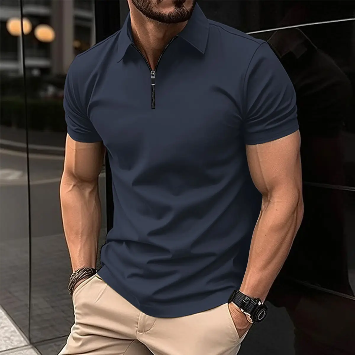 Men's White Polo Shirt with Zipper Closure - Image 8