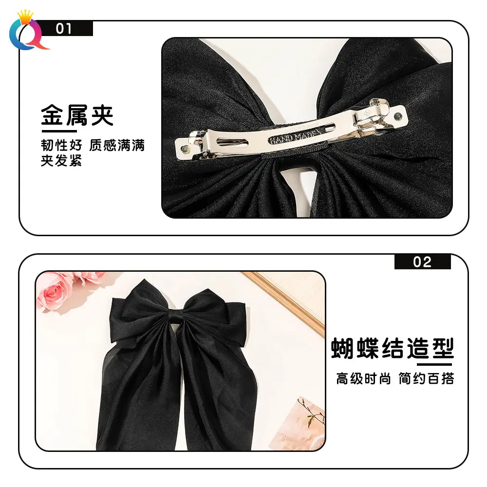 Black Bow Hairpin with Long Ribbon for Women - Image 16