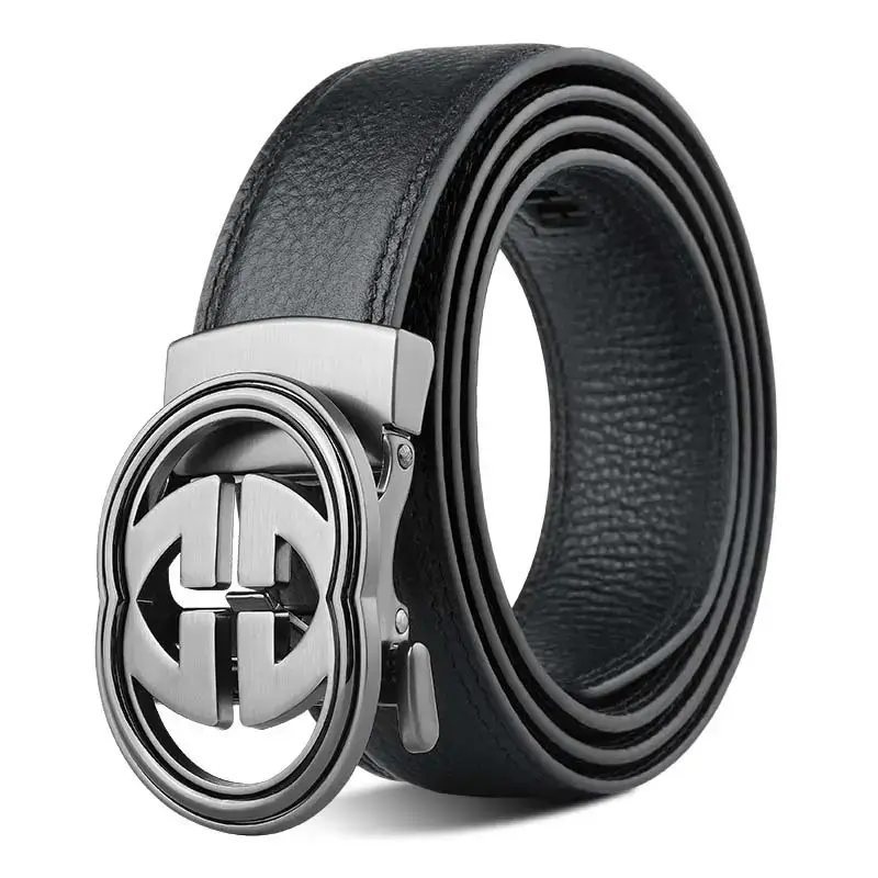 Men's Black Leather Belt with Logo Buckle