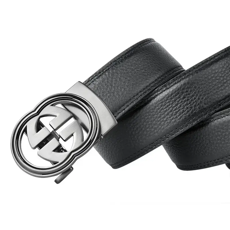 Men's Black Leather Belt with Logo Buckle