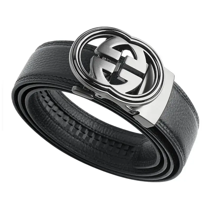 Men's Black Leather Belt with Logo Buckle