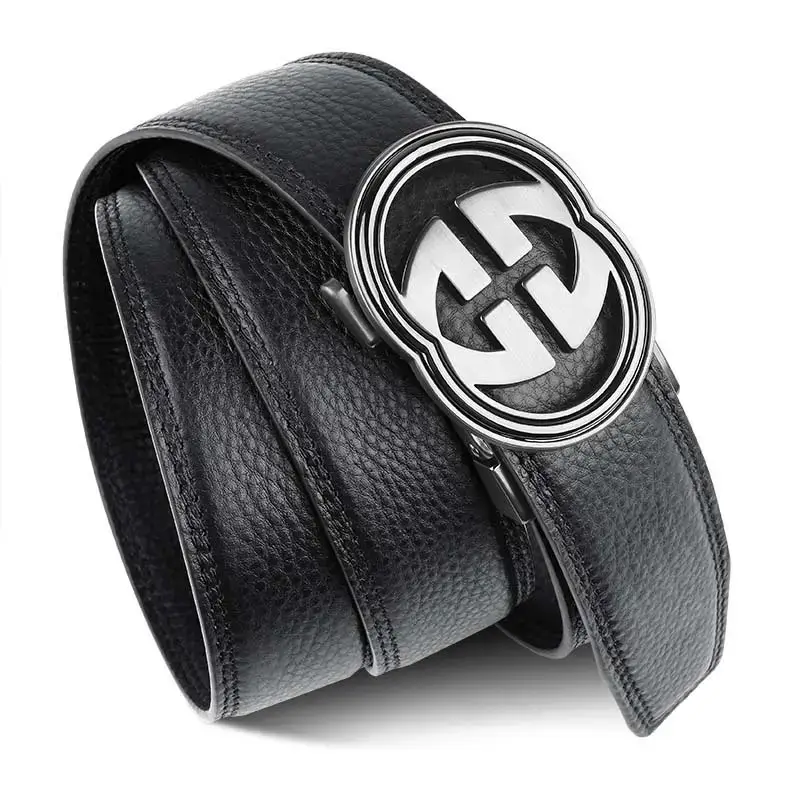Men's Black Leather Belt with Logo Buckle