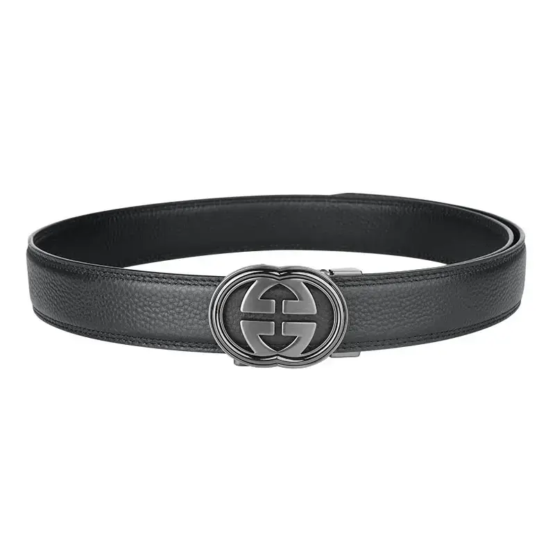 Men's Black Leather Belt with Logo Buckle