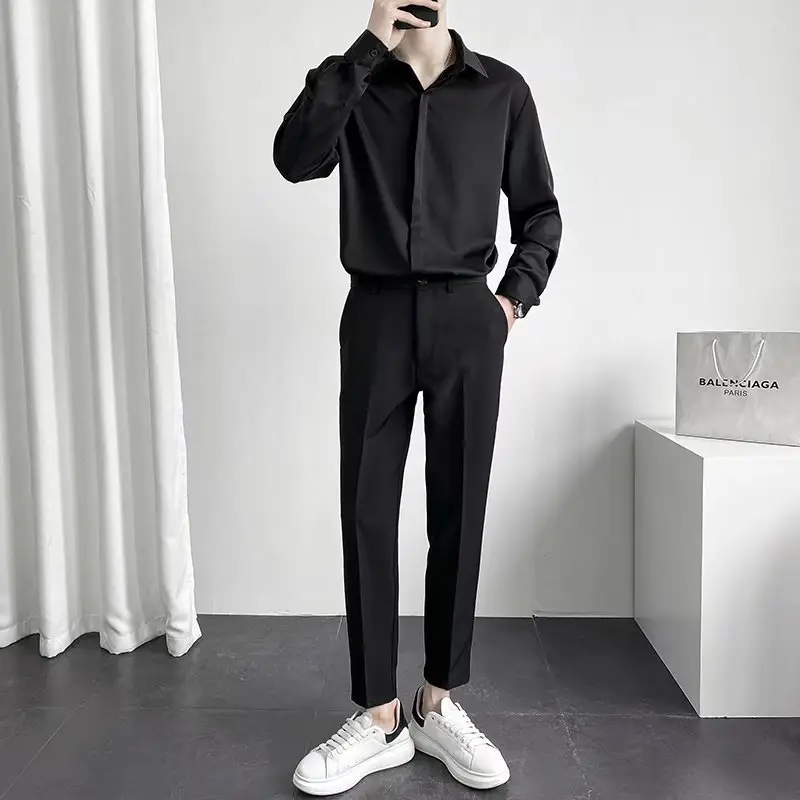 Men Black Textured Shirt & Pants Suit Plus Size Stretch Casual - Image 12