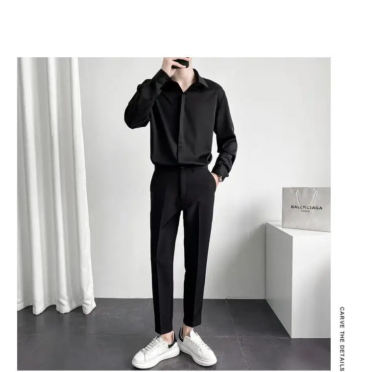 Men Black Textured Shirt & Pants Suit Plus Size Stretch Casual — feature 9