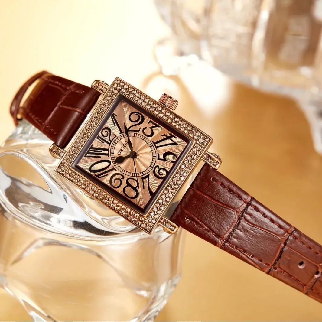 Oshige Square Watch Brown Diamond Encrusted Women's Quartz Watch - Image 2