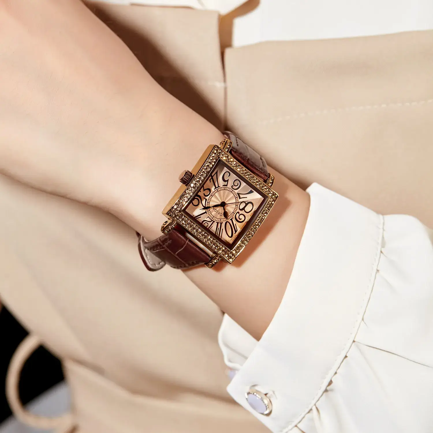 Oshige Square Watch Brown Diamond Encrusted Women's Quartz Watch - Image 3