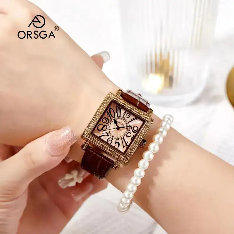 Oshige Square Watch Brown Diamond Encrusted Women's Quartz Watch - Image 4