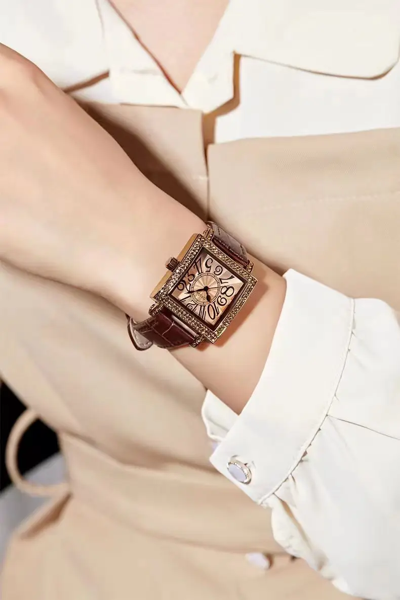 Oshige Square Watch Brown Diamond Encrusted Women's Quartz Watch — feature 6