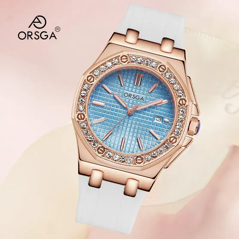 Women's Octagonal Gold Diamond Watch with Black Strap
