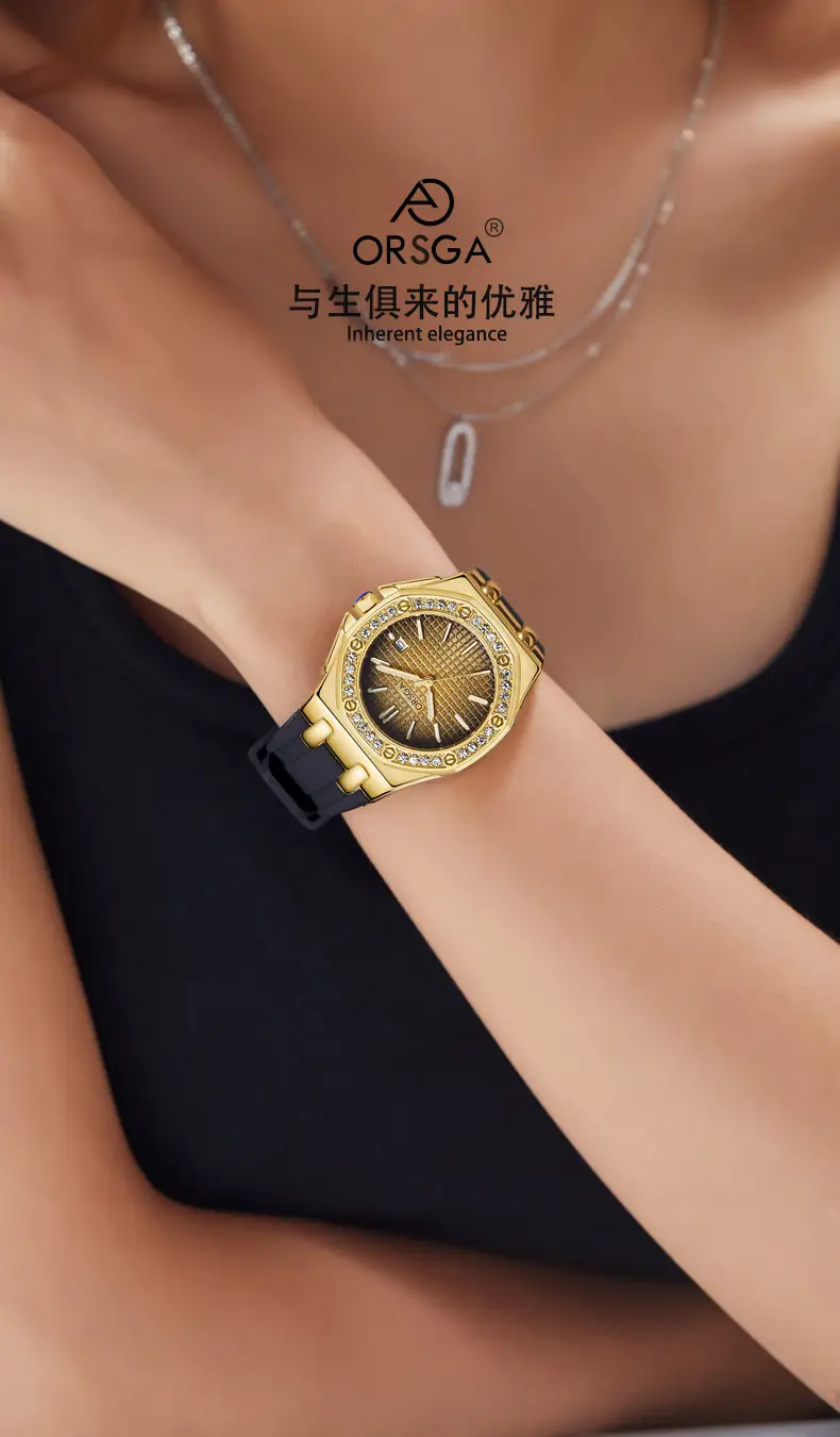 Women's Octagonal Gold Diamond Watch with Black Strap — feature 3
