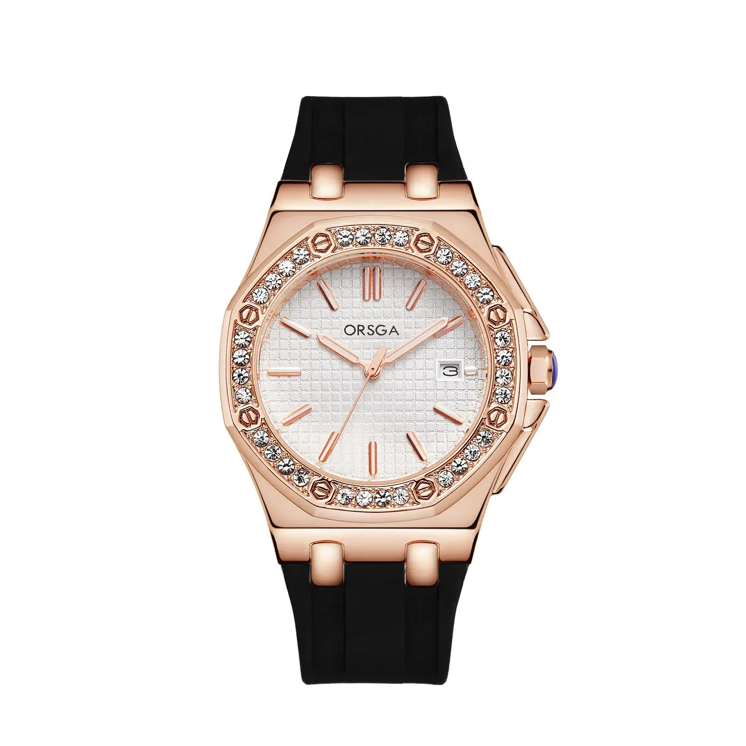 Women's Octagonal Gold Diamond Watch with Black Strap