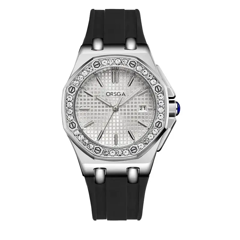 Women's Octagonal Gold Diamond Watch with Black Strap