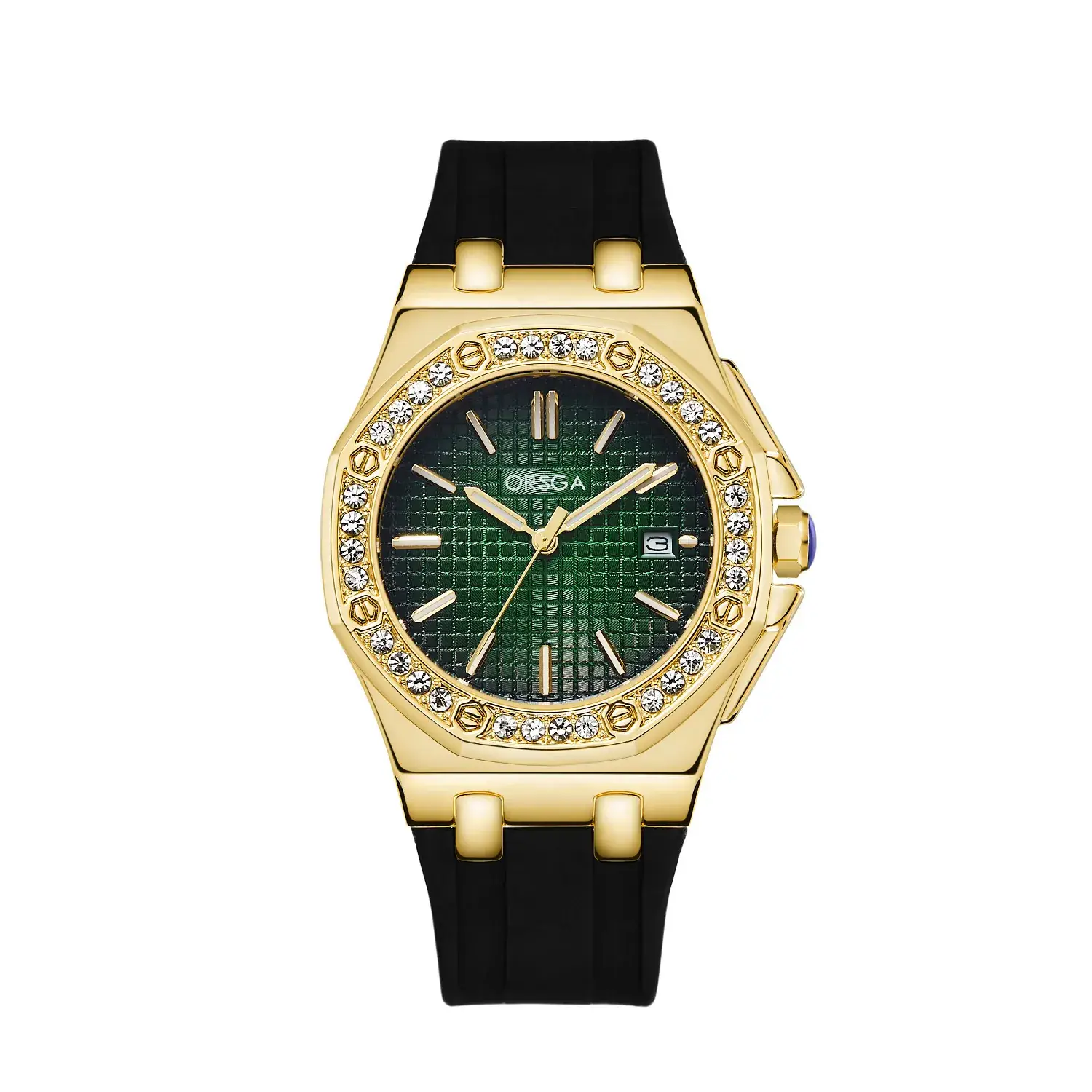 Women's Octagonal Gold Diamond Watch with Black Strap