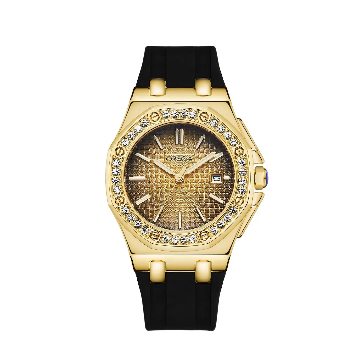 Women's Octagonal Gold Diamond Watch with Black Strap